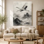 Zen Crane and Mountain Fog Ink Wash Wall Art Canvas Print - Image 7