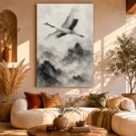 Zen Crane and Mountain Fog Ink Wash Wall Art Canvas Print - Image 8