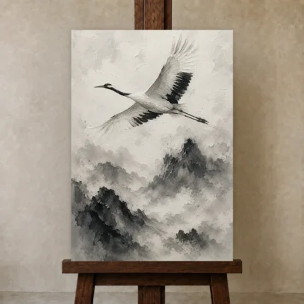 Zen Crane and Mountain Fog Ink Wash Wall Art Canvas Print shown in Studio Easel
