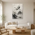 Zen Crane and Mountain Fog Ink Wash Wall Art Canvas Print styled in a refined neutral interior