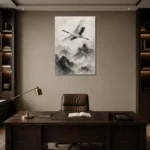 Zen Crane and Mountain Fog Ink Wash Wall Art Canvas Print displayed in a contemporary gallery-inspired room