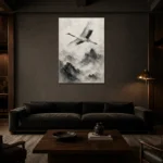 Zen Crane and Mountain Fog Ink Wash Wall Art Canvas Print shown in a warm modern interior