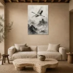 Zen Crane and Mountain Fog Ink Wash Wall Art Canvas Print presented in a sophisticated home setting