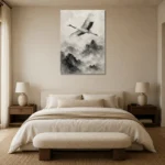 Zen Crane and Mountain Fog Ink Wash Wall Art Canvas Print showcased in an elegant minimalist interior