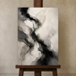 Cascading Ink Currents Monochrome Wall Art Canvas Print displayed on a studio easel