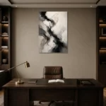 Cascading Ink Currents Monochrome Wall Art Canvas Print displayed in a contemporary gallery-inspired room