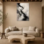 Cascading Ink Currents Monochrome Wall Art Canvas Print presented in a sophisticated home setting