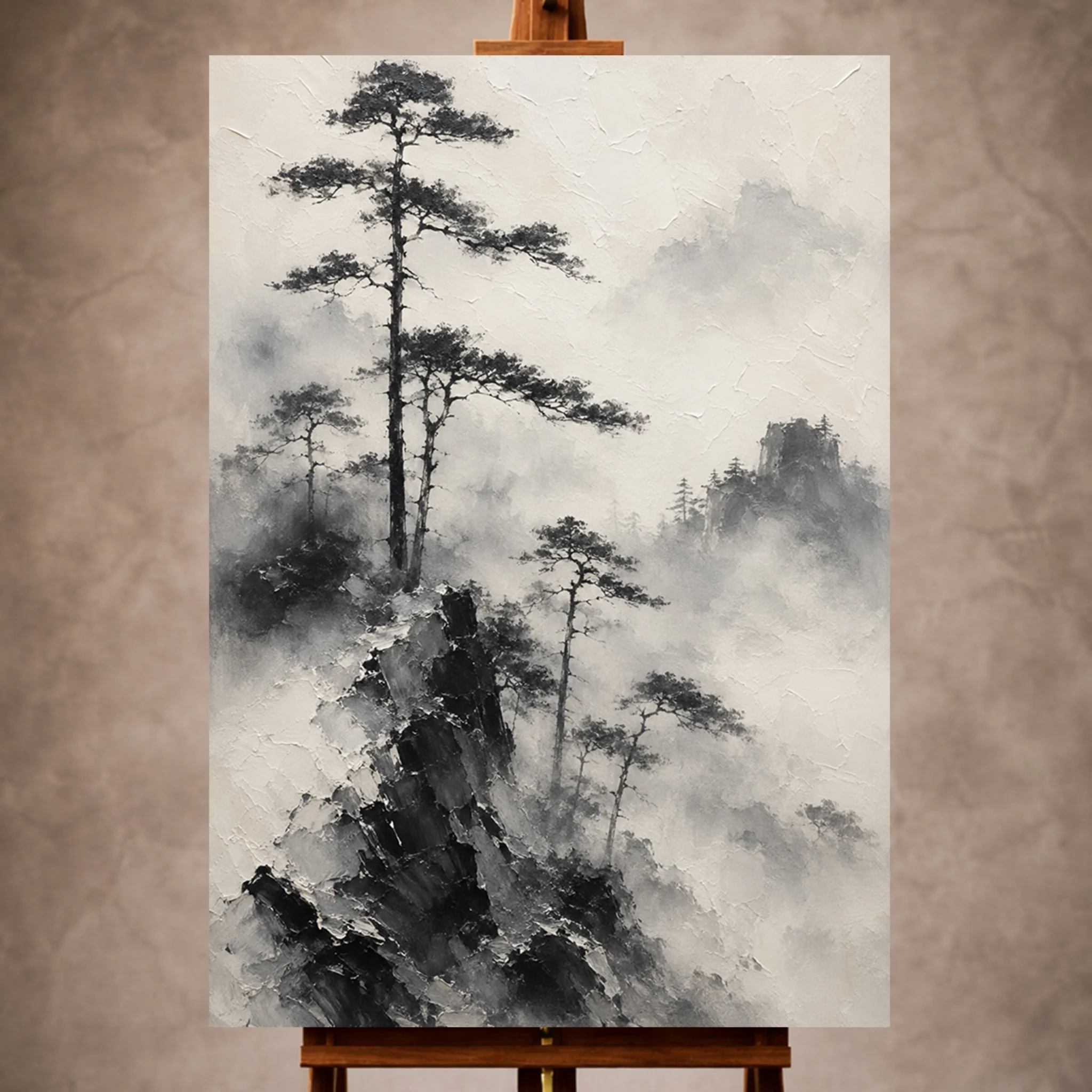 Fog-Shrouded Pine Trees Ink Wash Wall Art Canvas Print Image 1 Fog-Shrouded Pine Trees Ink Wash Wall Art Canvas Print - Image 1