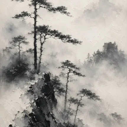 Fog-Shrouded Pine Trees Ink Wash Wall Art Canvas Print