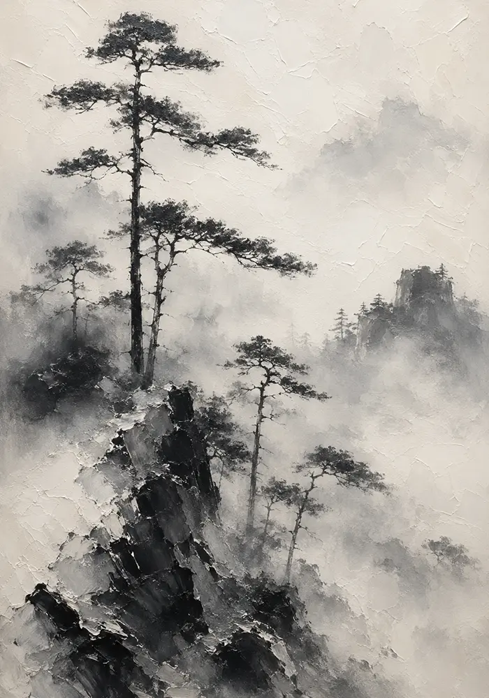 Fog-Shrouded Pine Trees Ink Wash Wall Art Canvas Print