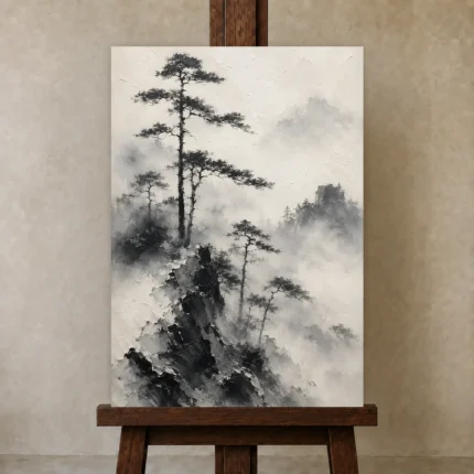 Fog-Shrouded Pine Trees Ink Wash Wall Art Canvas Print shown in Studio Easel