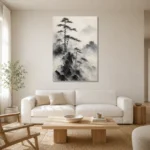 Fog-Shrouded Pine Trees Ink Wash Wall Art Canvas Print styled in a refined neutral interior
