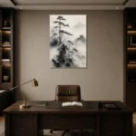 Fog-Shrouded Pine Trees Ink Wash Wall Art Canvas Print displayed in a contemporary gallery-inspired room