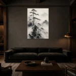 Fog-Shrouded Pine Trees Ink Wash Wall Art Canvas Print shown in a warm modern interior