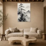 Fog-Shrouded Pine Trees Ink Wash Wall Art Canvas Print presented in a sophisticated home setting