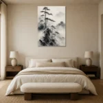 Fog-Shrouded Pine Trees Ink Wash Wall Art Canvas Print showcased in an elegant minimalist interior