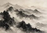 Panoramic Misty Mountains Ink Wash Wall Art Canvas Print