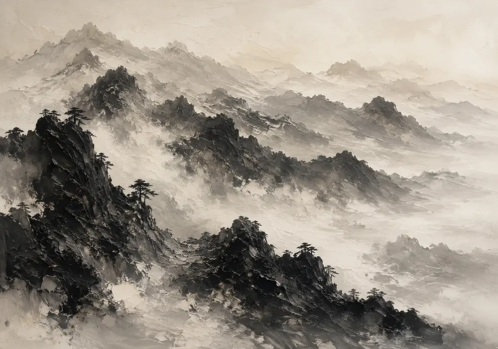 Panoramic Misty Mountains Ink Wash Wall Art Canvas Print