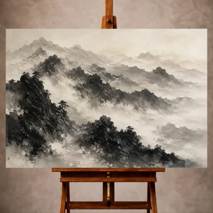 Black and gray Ink Wash Wall Art print featuring panoramic mountains dissolving into mist for elegant interiors