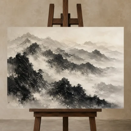 Panoramic Misty Mountains Ink Wash Wall Art Canvas Print displayed on a studio easel