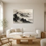 Panoramic Misty Mountains Ink Wash Wall Art Canvas Print styled in a refined neutral interior