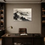 Panoramic Misty Mountains Ink Wash Wall Art Canvas Print displayed in a contemporary gallery-inspired room