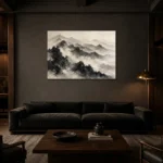 Panoramic Misty Mountains Ink Wash Wall Art Canvas Print shown in a warm modern interior