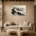 Panoramic Misty Mountains Ink Wash Wall Art Canvas Print presented in a sophisticated home setting