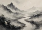 Foggy River Valley Ink Wash Wall Art Canvas Print