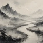 Foggy River Valley Ink Wash Wall Art Canvas Print