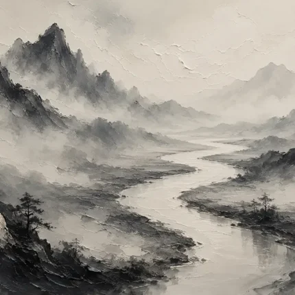 Foggy River Valley Ink Wash Wall Art Canvas Print