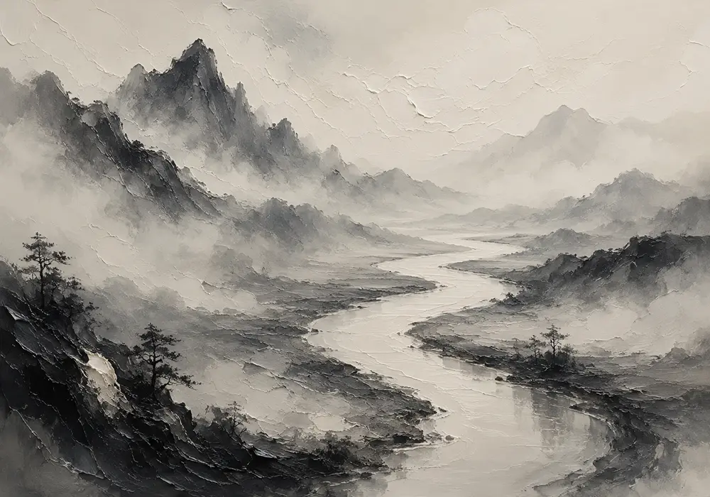 Foggy River Valley Ink Wash Wall Art Canvas Print