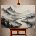 Monochrome Ink Wash Wall Art print featuring a winding river disappearing into a misty valley for elegant interiors