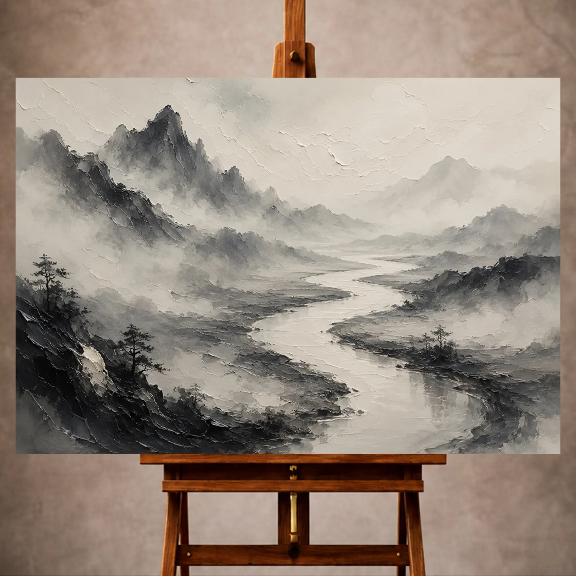 Premium Wall Art Yatay Html Edition – Monocrome057 Image 1 Monochrome Ink Wash Wall Art print featuring a winding river disappearing into a misty valley for elegant interiors