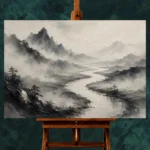 Foggy River Valley Ink Wash Wall Art Canvas Print - Image 2