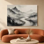 Foggy River Valley Ink Wash Wall Art Canvas Print - Image 3