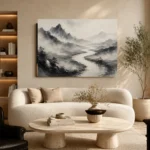 Foggy River Valley Ink Wash Wall Art Canvas Print - Image 6