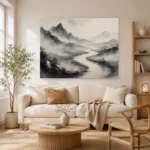 Foggy River Valley Ink Wash Wall Art Canvas Print - Image 7