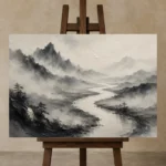 Foggy River Valley Ink Wash Wall Art Canvas Print displayed on a studio easel