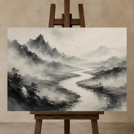 Foggy River Valley Ink Wash Wall Art Canvas Print shown in Studio Easel