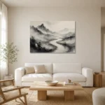 Foggy River Valley Ink Wash Wall Art Canvas Print styled in a refined neutral interior