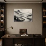 Foggy River Valley Ink Wash Wall Art Canvas Print displayed in a contemporary gallery-inspired room