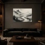 Foggy River Valley Ink Wash Wall Art Canvas Print shown in a warm modern interior