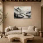 Foggy River Valley Ink Wash Wall Art Canvas Print presented in a sophisticated home setting