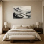 Foggy River Valley Ink Wash Wall Art Canvas Print showcased in an elegant minimalist interior