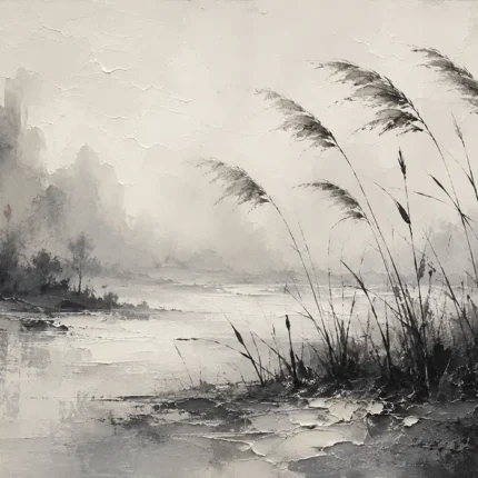 Tranquil Marsh Reeds Ink Wash Wall Art Canvas Print