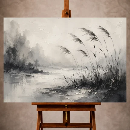 Monochrome Ink Wash Wall Art print featuring a tranquil marsh with delicate reeds for elegant interiors
