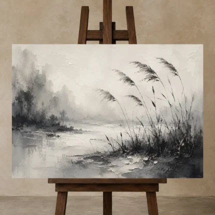 Tranquil Marsh Reeds Ink Wash Wall Art Canvas Print displayed on a studio easel