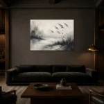 Tranquil Marsh Reeds Ink Wash Wall Art Canvas Print shown in a warm modern interior