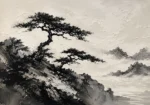 Windswept Pine Landscape Ink Wash Wall Art Canvas Print